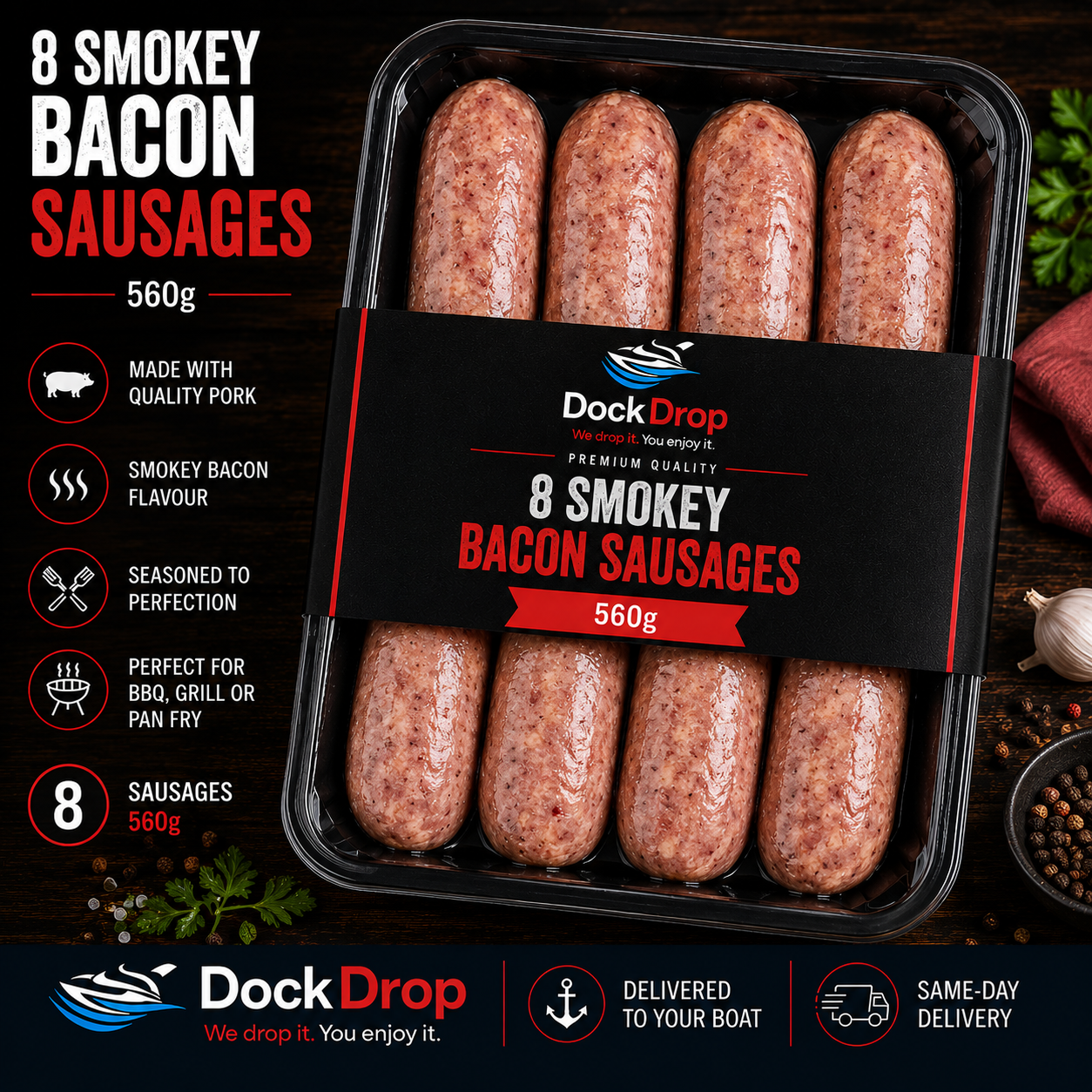 8 Smokey Bacon Sausages (560g)